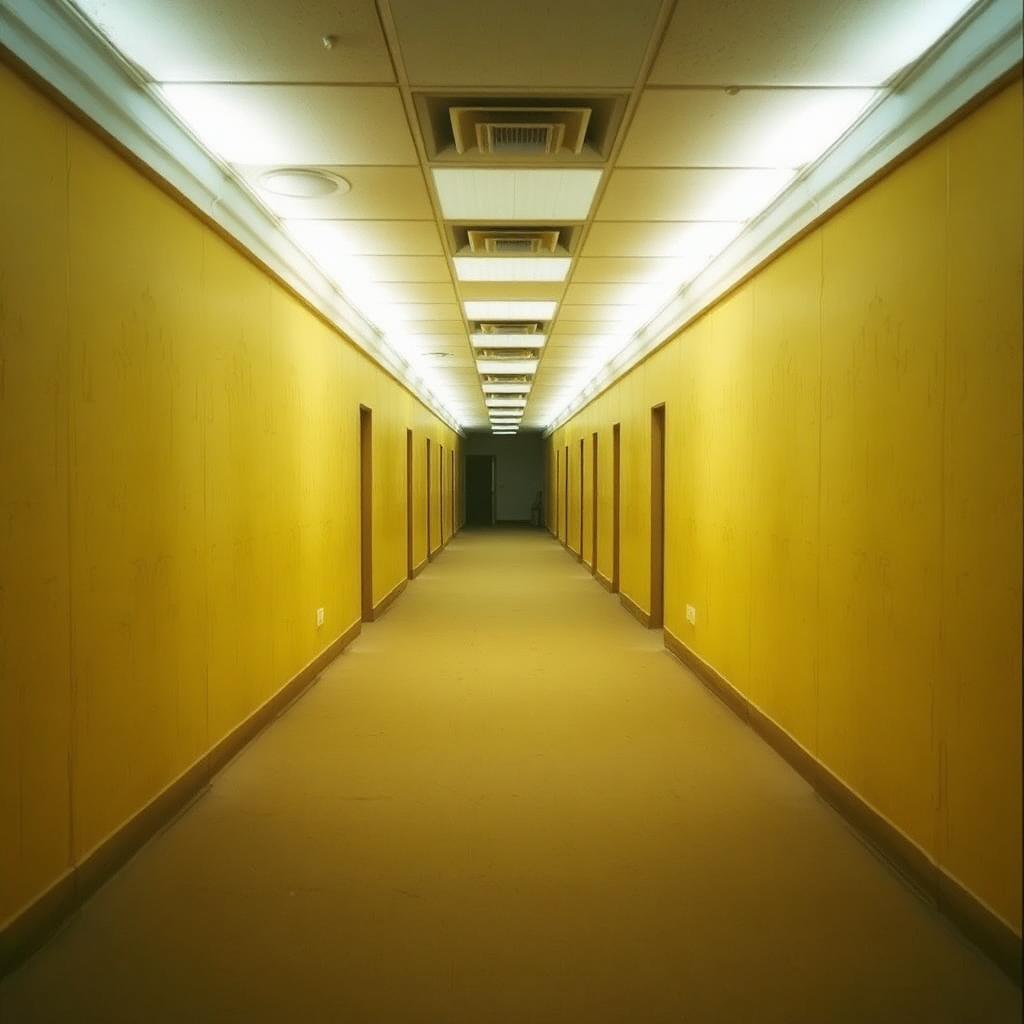 Level 0, the canonical yellow office corridor, showing the characteristic buzzing fluorescent ceiling, damp wallpaper, and stained beige carpet documented in every stable-entry expedition
