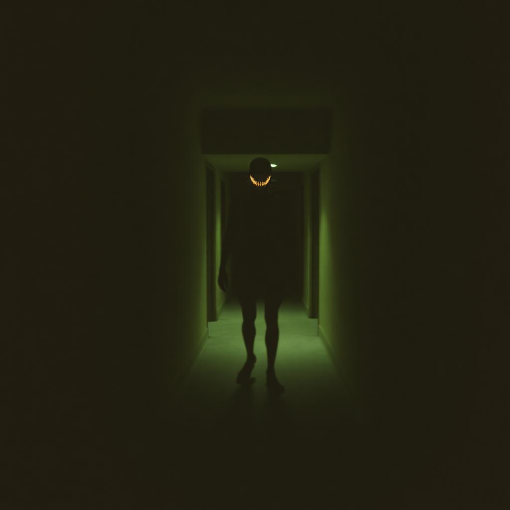 A distant Class 8 vocal-mimic photographed at the far end of an unlit corridor, its facial luminescence visible only as the characteristic curved grin — the sole reliable identifier at range